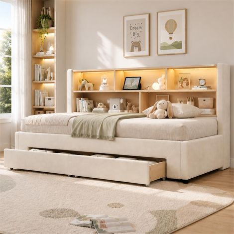 Lit de jour/canapé-lit capitonné, avec 2 tiroirs de rangement, 90 x 200 cm, extensible jusqu'à 180 cm, avec port USB et éclairage LED, velours beige (1/5)