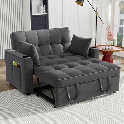 Sofa 137x163 cm in grauem Velours, 3-fach verwandelbar mit Getränkehaltern und Seitentaschen (1/5)