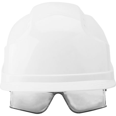 Casque de sécurité blanc avec visière intégrée et lunettes de protection - Casque de chantier Defender - Modèle avec écran anti-éclats (1/5)