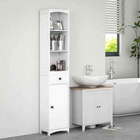 Mobile bagno alto 34 x 24 x 170,5 cm con 3 ripiani, 1 cassetto e 1 anta bianco DESVIAE (1/5)