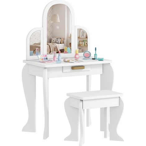 Coiffeuse blanche pour filles de 3 à 6 ans avec tabouret et tiroirs (1/5)