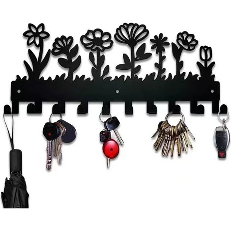 Crochets muraux pour clés, crochets noirs pour accrocher les clés au mur avec 10 crochets pour porte-clés, chambre à coucher, bureau, maison