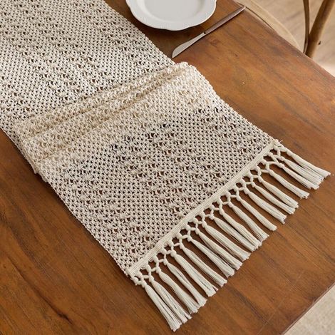 Blanc cassé 30x220cm Chemin de table en coton et lin à blocs de couleur, orné de pompons ajourés noués, longue nappe décorative pour meuble TV de salon, table basse, set de table. (1/5)