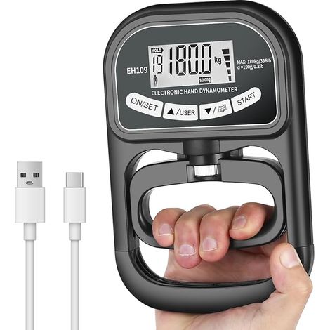 Entraîneur de force de préhension de 180 kg,Dynamomètre à Main numérique,Dynamomètre électronique rechargeable avec affichage LED,Valeur de test précise au gramme près, poignée réglable, noir (1/2)