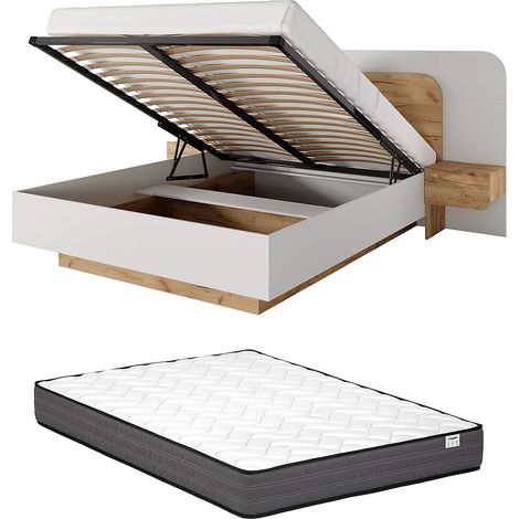 Lit coffre avec chevets 160 x 200 cm - Avec LEDs - Coloris : Naturel et blanc + Matelas - DESADO (1/5)