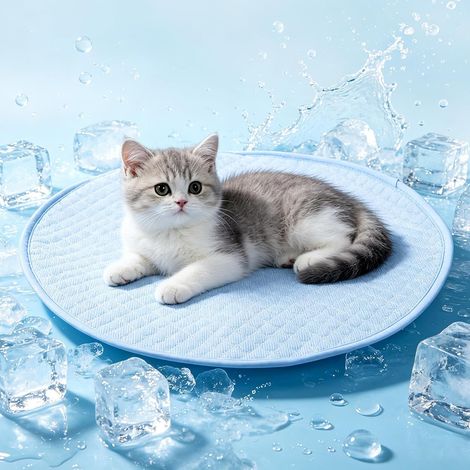 Tapis Rafraichissant Chat, 40 cm de Diamètre Tapis Rafraichissant Chien, Respirant Tapiss Refrigerant Chien, Tapiss Chat en Soie Glacée Conçu Spécialement pour l'Été Maison Voiture Voyage Bleu (1/5)