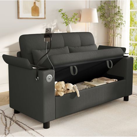 MODFU – Canapé 2 places velours côtelé – Rangement sous assise et accoudoirs rabattables – USB-C, porte-gobelets et support téléphone – Gris (1/5)