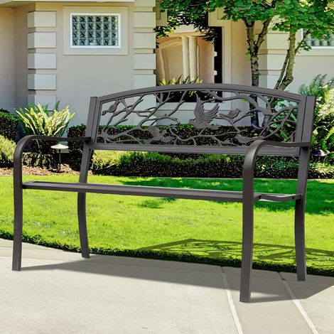 Banc de jardin 3 places, style rustique chic, idéal pour balcon, terrasse ou patio. Dimensions : 127 x 60 x 85 cm. Structure en métal recouvert d'époxy anticorrosion, couleur marron. (1/5)