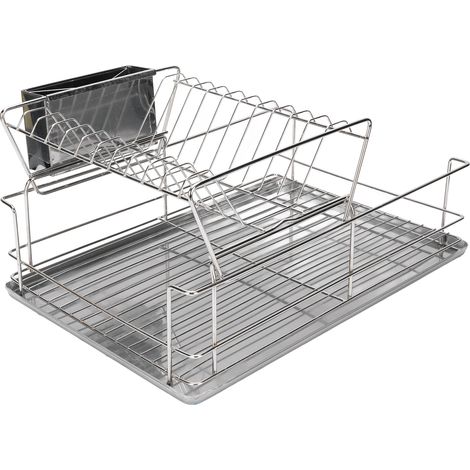 Égouttoir à vaisselle peu encombrant à 2 niveaux pour comptoir de cuisine, égouttoir en acier inoxydable avec porte-couverts (1/5)