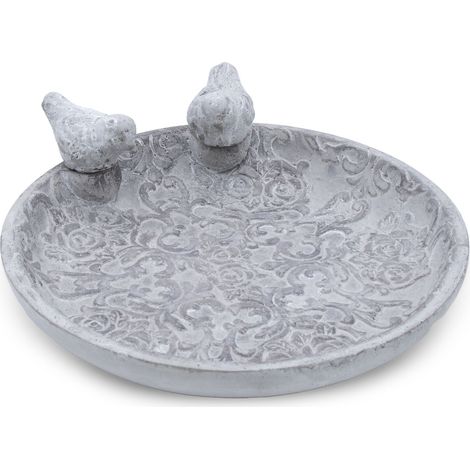Beton Vogeltränke in grau mit Ornamenten - 24 cm - Vogelbad aus Stein mit Relief Muster - Gartendeko Wassertränke mit Vogel Figur Vogelbrunnen