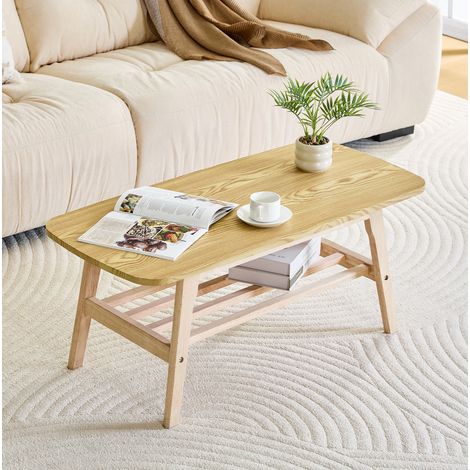 Mesa de centro de madera maciza color madera, 2 niveles, ahorro de espacio,100x48x42.5 cm (1/5)