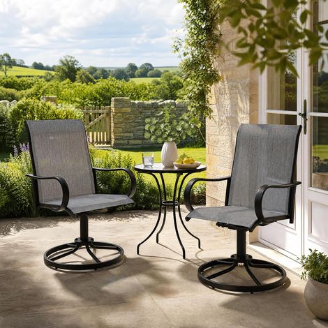 Lot 2 fauteuils pivotants extérieurs marron 360° haut dossier Textilene cadre métal poudré anticorrosif terrasse (1/5)