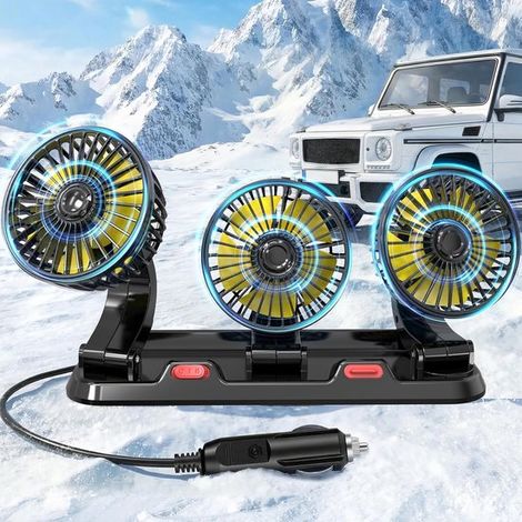 Ventilatore portatile per auto con 3 testine – Ventilatori per veicoli, auto e camion (montaggio su cruscotto, presa accendisigari, senza batteria) (1/5)