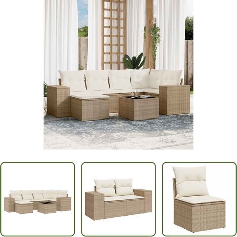 vidaXL Gartensessel - 7-tlg. Garten-Sofagarnitur mit Kissen Beige Poly Rattan (1/5)