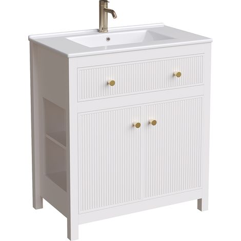 GagaMeuble sous-vasque de salle de bain blanc 81x46,5 cm avec vasque en céramique, 1 tiroir + 1 porte avec fermeture douce, meuble moderne sur pied avec design rainuré (1/5)
