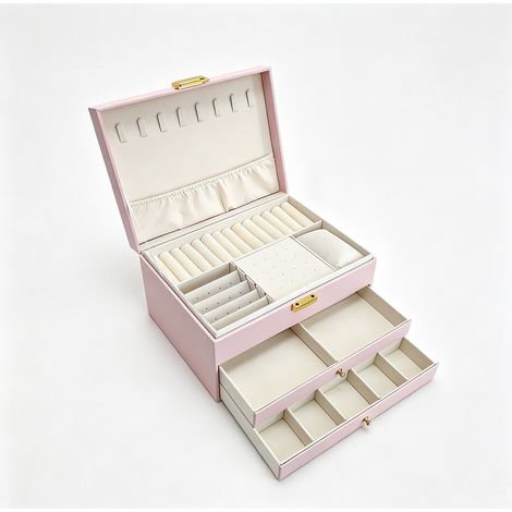 1 coffret à bijoux 3 niveaux, miroir intégré, cuir PU beige, rangement organisé pour colliers bracelets montres (1/5)