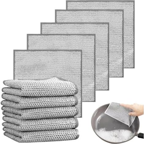 10pièces Chiffons à Vaisselle torchon Multifonctionnel en Fil métallique Anti-Rayures, Chiffons à Vaisselle en Fil métallique Double Couche, torchons en Microfibre (1/5)