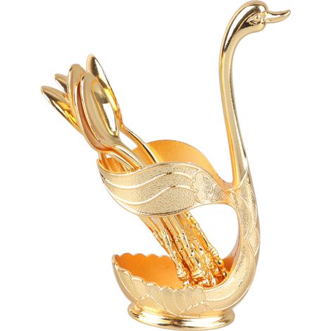 Porte-cuillère à café cygne élégant, alliage poli miroir, porte-agitateur détaillé pour fêtes, café, bureau, doré avec cuillère (1/5)