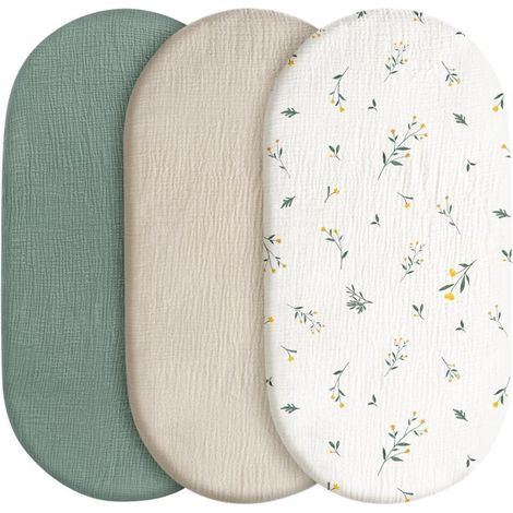 Lot de 3 draps-housses, protège-matelas, pour parc, 100 % mousseline de coton, doux, pour poussette, cadeau de naissance (1/4)