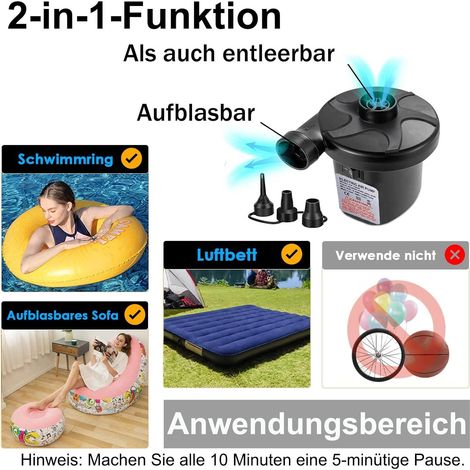 Elektrische Luftpumpe Luftmatratze, 2 in 1 Elektrische Luftpumpe zum Aufblasen und Entleeren, Luftmatratze mit 3 Düsen, Aufblasbarer Wasserpool, Schwimmring