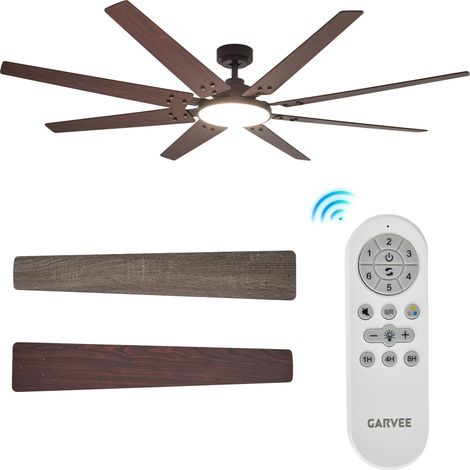 Ventilateur de Plafond 175cm, Télécommande, Silencieux 35dB, 8 Pales, 6 Vitesses, Été/Hiver, LED 3 Couleurs, Minuterie, Bois (1/5)