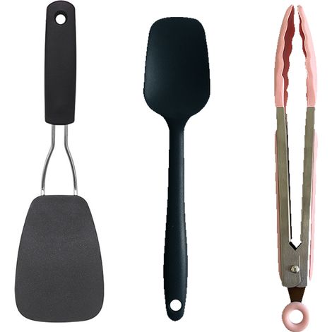 Ensemble Ustensiles Cuisine Antiadhésive - Spatule Silicone Et Nylon Pince Verrouillable - Résistant Chaleur Pour Poêles Fonte - Set 3 Pièces (1/5)