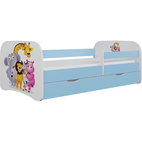 Lit enfant bleu Zoo avec sommiers et barrière de sécurité amovible Drimy-70x140 (1/5)