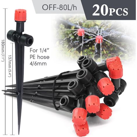 (20 pièces) Arroseur à 8 trous 1/4″ avec piquet, goutteur réglable à 360°, raccord rapide pour l'irrigation de jardin, les plantes en pot et l'agriculture. (1/5)