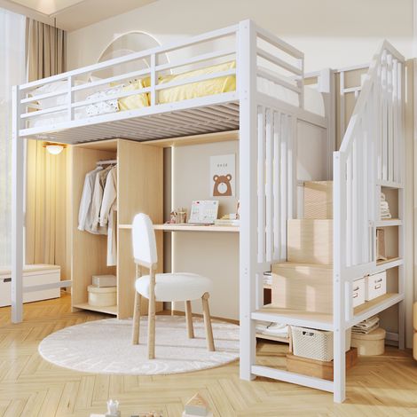 Seyakany Lit mezzanine enfant 90x200 cm avec armoire,bureau,métal Lit superposé 1 Place avec escalier avec rangements intégrés,sans matelas(Blanc)