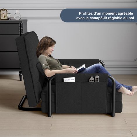 Canapé de sol pliant, chaise longue, chaise longue de sol, réglable en 5 positions, inclinable, fauteuil inclinable avec accoudoirs, chaise pliante pour dormir, noir (1/5)