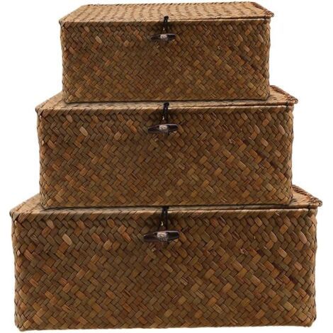 Lot de 3 paniers de rangement avec couvercle, panier de rangement en rotin, panier de rangement tressé en jonc de mer naturel, boîte de rangement multifonctionnelle (B) (1/5)
