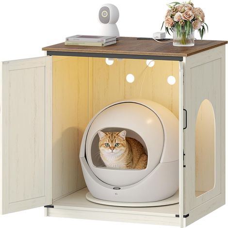 Meuble Litiere Chat, Maison de Toilette Chat Dissimulant, Prise Électrique et Serrure, Convient aux Bacs Litiere Chat Autonettoyante, Marron Rustique et Blanc