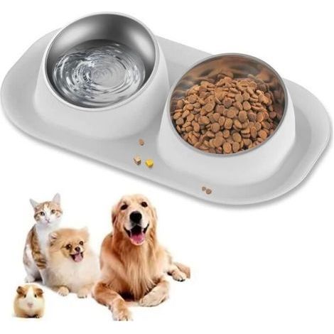 Gamelle chat, Gamelle double chien chat, Acier Inoxydable, Antidérapant -éviter les fuites de nourriture, pour Chats et Chiots -Gris (1/4)