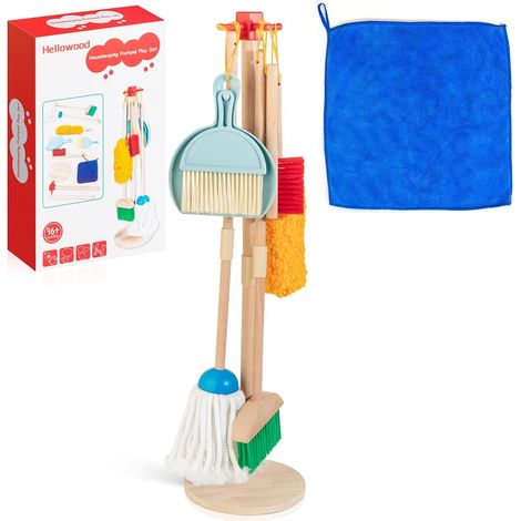 Kit de nettoyage en bois pour enfants, 8 pièces de jouets ménagers Set de jeux de rôle, y compris balais Mop brosses chiffons, etc, jouets de nettoyage pour les filles garçons âge 3-6 (1/5)