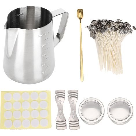 Kit de fabrication de bougies DIY fait main en acier inoxydable : pot verseur, porte-mèche, pot et cuillère carrée. (1/5)