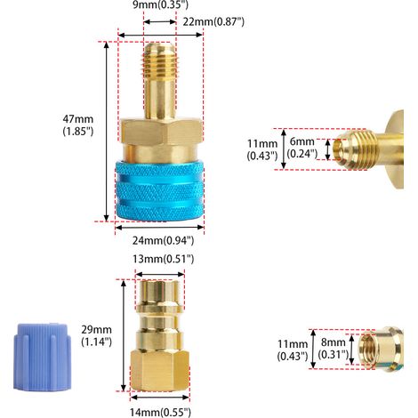 Auto-Klimaanlage R1234yf Hoch- und Niederdruck-Schnellanschluss, Doppelfunktions-Kältemittel-Befüll-Schnellstecker, Direktanschluss, komplett aus Kupfer, R134a (1/4)