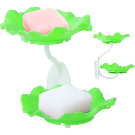 Porte-savon adhésif, vert, mural, motif floral, en plastique, pour salle de bain (1/5)