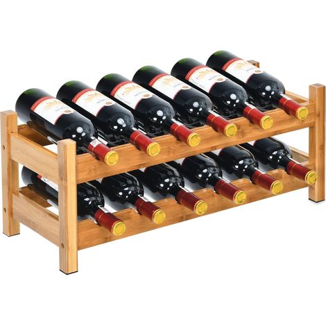 COSTWAY Scaffale per Vino con 2 Livelli di Bambù, Organizer Vini per 12 Bottiglie, Espositore Vini Salva Spazio, Catinetta Portabottiglie, 62 x 24 x 25 cm (Naturale) (1/5)