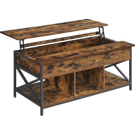 Mesa de centro/salón con tablero elevable espacio de almacenaje abierto y compartimento oculto barras en forma de X 60 x 120 x (48-62) cm marrón 120007476