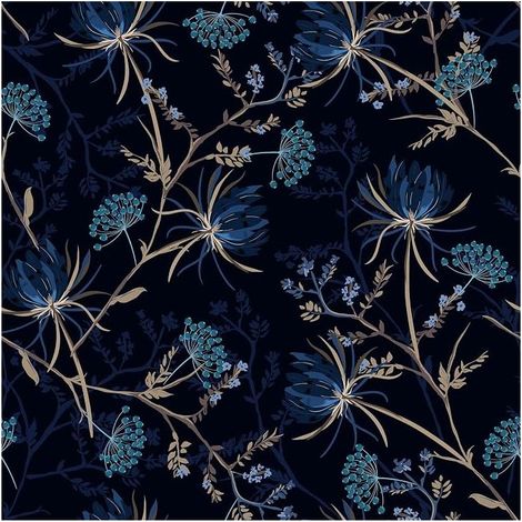 Blue Flower Wallpaper Dandelion Black Flower Wallpaper Vintage Wall Stickers Foliage Tropical Blue Wall Stickers for Furniture Bathroom Bedroom Living Room Kitchen 44.5 cm x 300 cm (1/5)