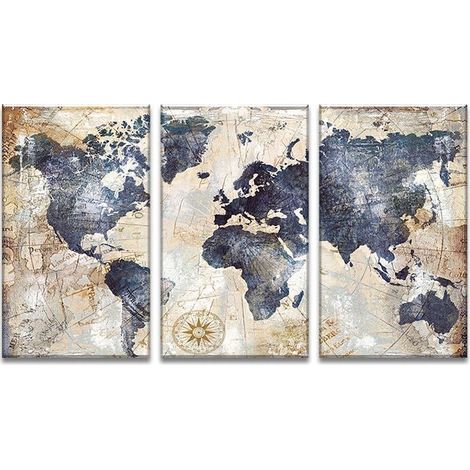 Tableau carte du monde 3 parties 30x60 cm – Impression toile intissée – Panneau bois – Décoration murale moderne (1/3)