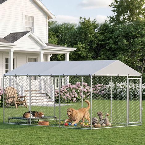 Parc extérieur pour chien avec filet galvanisé et système de verrouillage, acier et tissu Oxford, 4 x 2,3 x 2 m, argent (1/5)