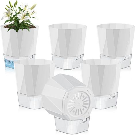 Pot de fleurs en plastique blanc de 17 cm à réserve d'eau, avec trous de drainage et réservoir amovible — Lot de 6 pots pour plantes d'intérieur