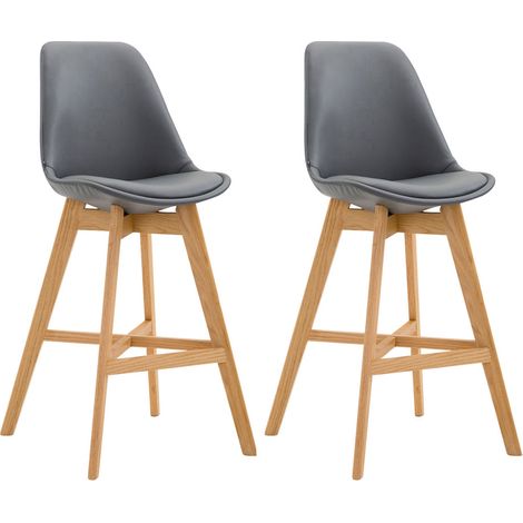 Lot de 2 tabourets de bar scandinaves coque plastique et PVC grise et pieds en bois massif 100006368 (1/5)