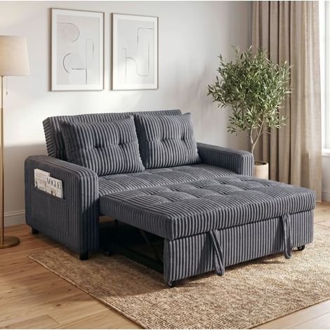 Sofá cama 2 plazas, respaldo inclinable, 2 cojines, poliéster, gris oscuro DESVIAE (1/5)