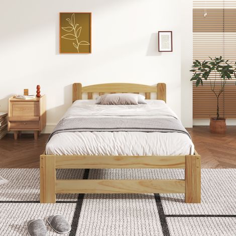 Lit futon en bois massif 90 x 200 cm, lit simple, lit ado, lit en bois massif naturel avec tête de lit et sommier à lattes, couleur naturelle (livraison locale, garantie 2 ans) (1/5)