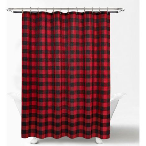 Buffalo Check Shower Curtain（180x180）: Cotton Blend Plaid Woven Texture & Machine Washable, Water-Repellent, Rustic Farmhouse Style for Bathroom - Black and Red