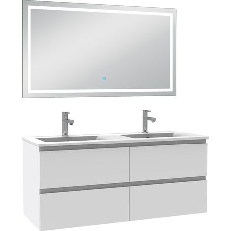 Aica Ensemble meuble Salle de Bain 120cm Blanc double Vasque, avec Miroir Lumineux 3 Couleurs + Dimmable
