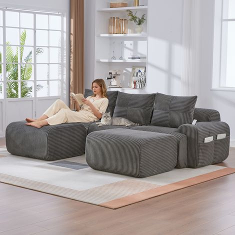 Canapé modulaire velours côtelé 3 personnes avec 2 tabourets combinable librement porte-gobelet sac rangement latéral salon familial naturel (1/5)
