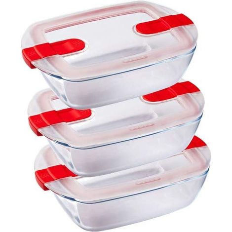 PYREX - COOK AND HEAT COOK & HEAT - LOT DE TROIS BOÎTES ALIMENTAIRES RECTANGULAIRES EN VERRE 1,1L AVEC COUVERCLE HERMÉTIQUE SPÉC